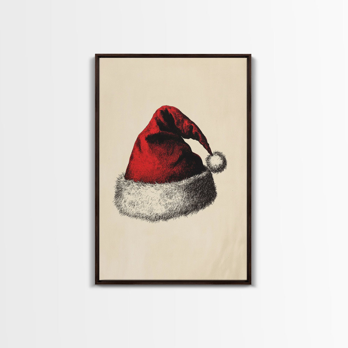 Retro Santa Hat Sketch Canvas Print - Framed Canvas - Minimalist Christmas Art - Boho Christmas Art - Rustic Christmas Art