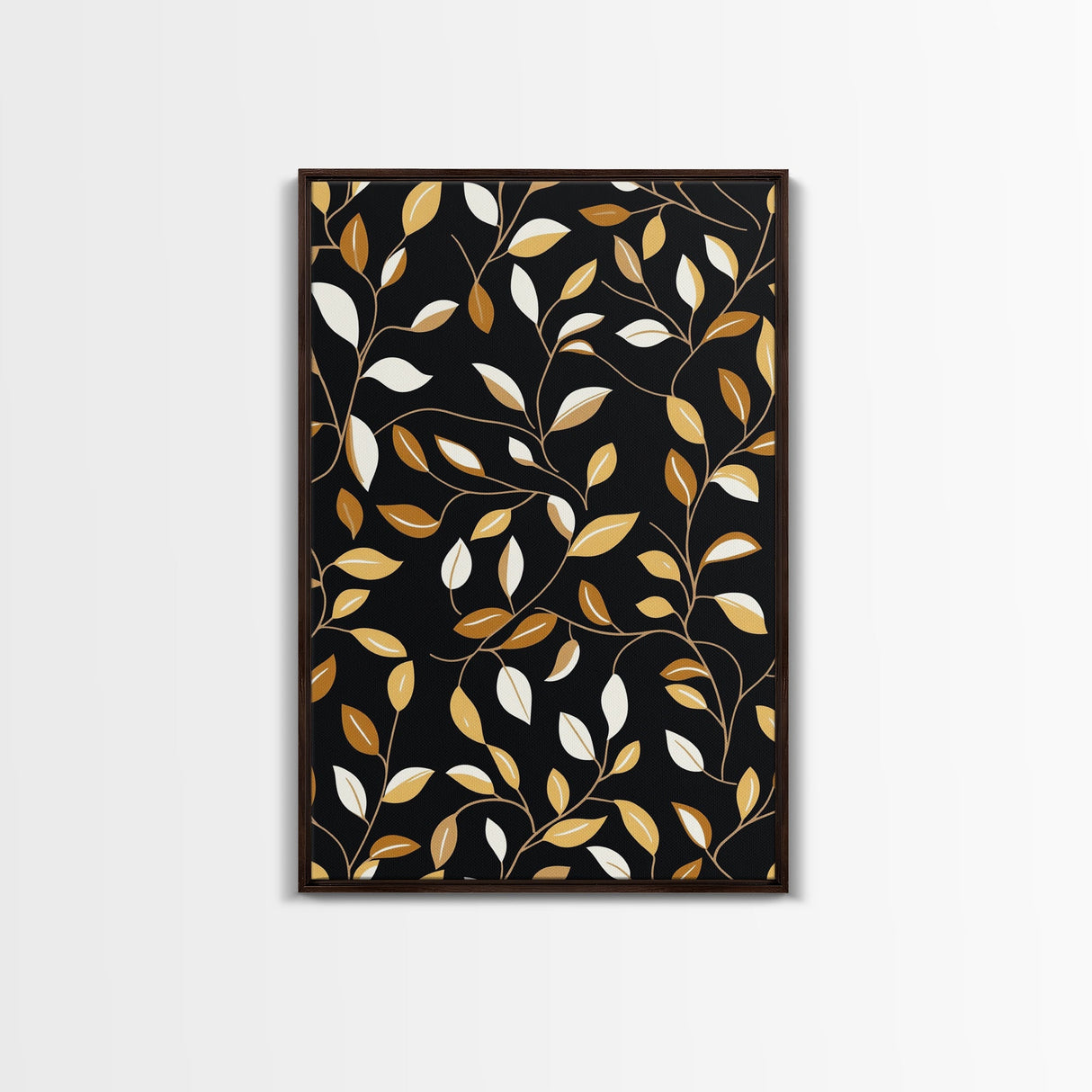 Ivy Leaves Framed Canvas Print, Mid Century Modern Pattern art, Botanical Print, Botanical Wall Art, Black Background