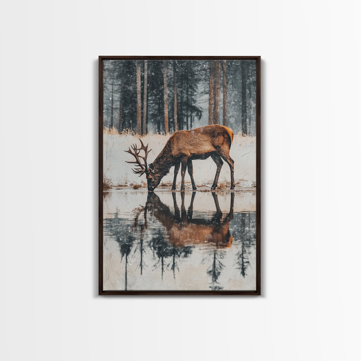 Elk Drinking Water Oil Painting Print, Framed Canvas, Deer Drinking Water In Forest Painting, Nature Decor, Cabin Wall Art, Winter Wall Art