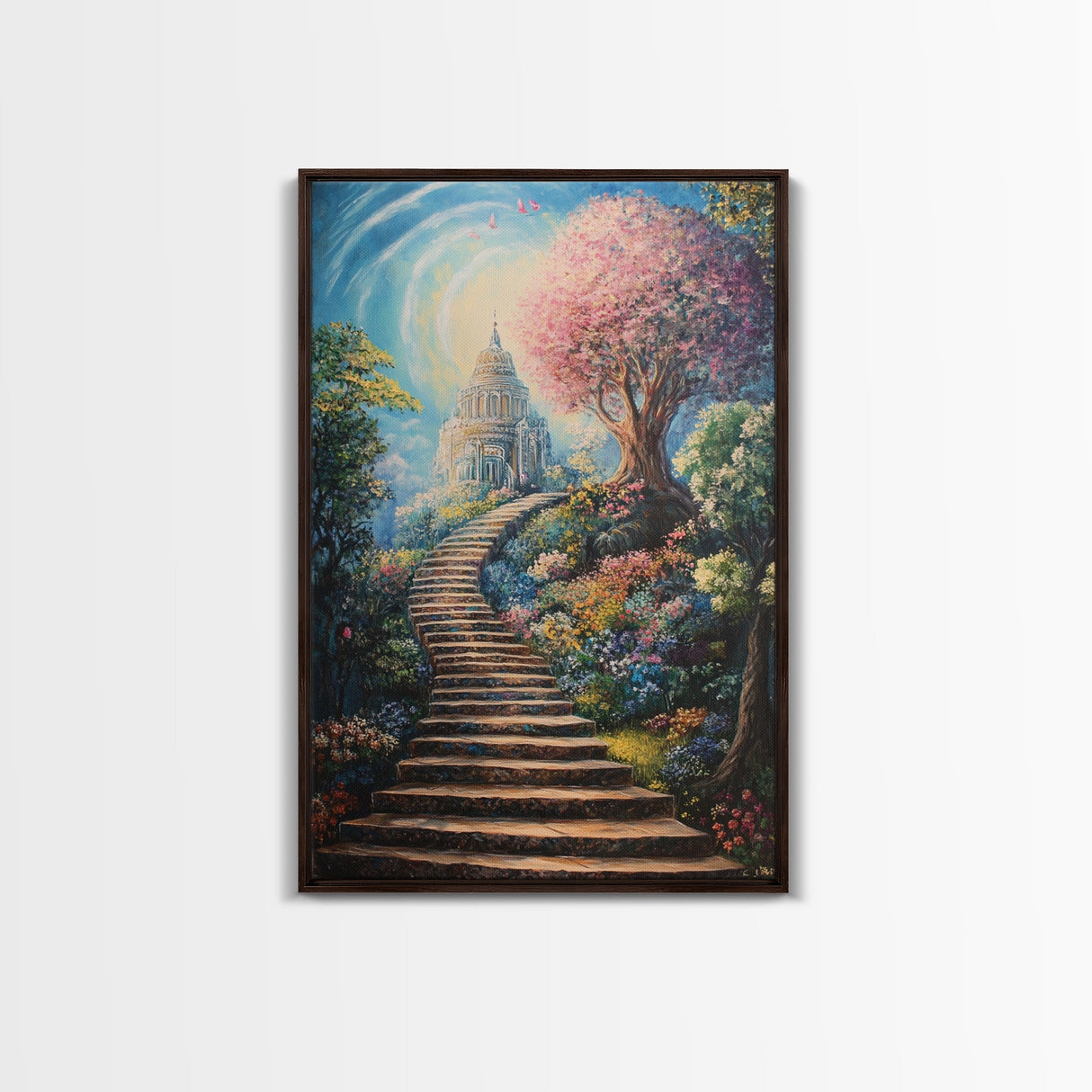 The Steps To The Sky, Framed Canvas Print, Cute Fantasy Decor, Preppy Wall Art, Gift For Her, Dorm Wall Art, Landscape Painting