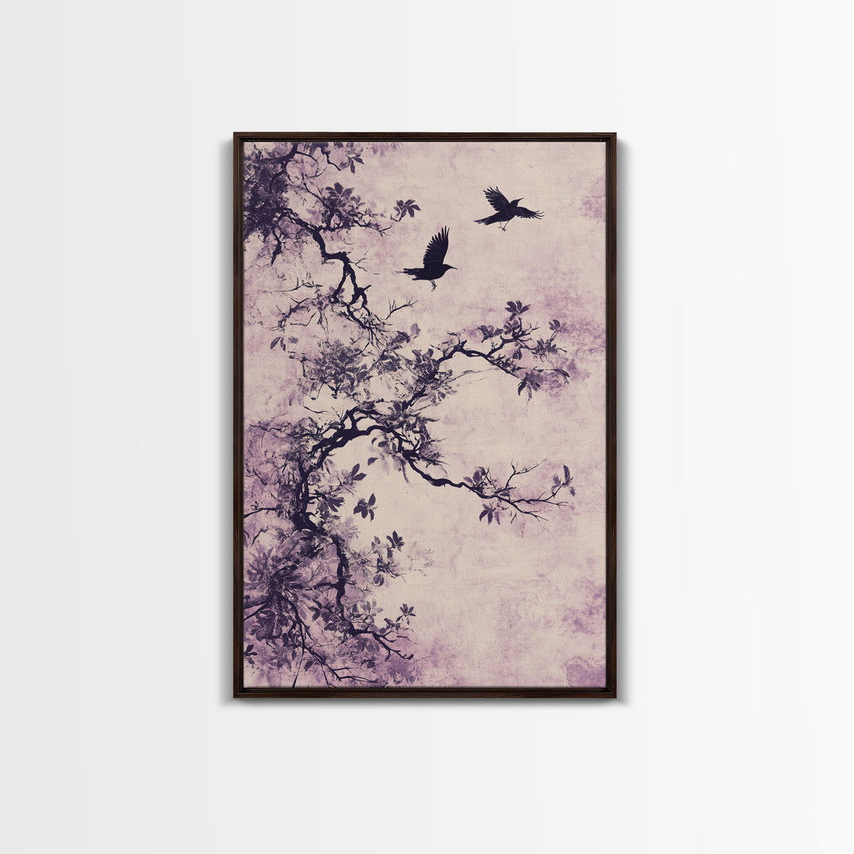 Wabi Sabi Floral Print Framed Canvas Art, Minimalist Home Decor, Purple trees with Crows, Purple Art, Boho Style Modern Art