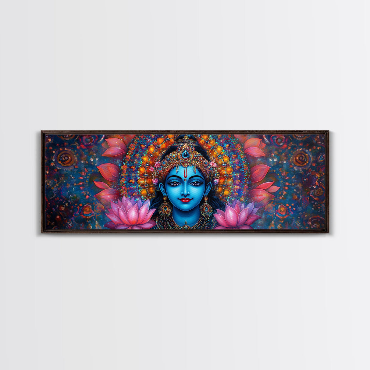 Krishna Painting Print, Ready To Hang Canvas Wall Art, Radha Krishna Art, Panoramic Art, Extra Wide Horizontal Art, Hinduism Wall Art