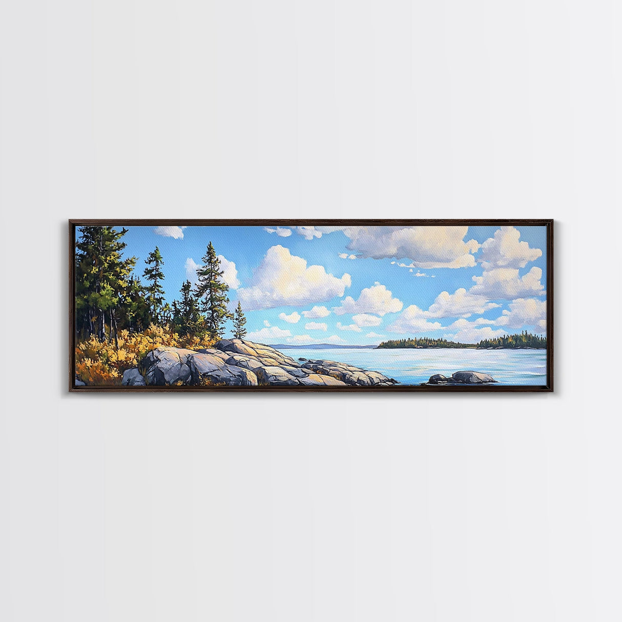 Acadia National Park, Framed Canvas Print, Acadia Watercolor Art Painting, Extra Wide Panoramic Wall Art, Horizontal Mountain Landscape Painting