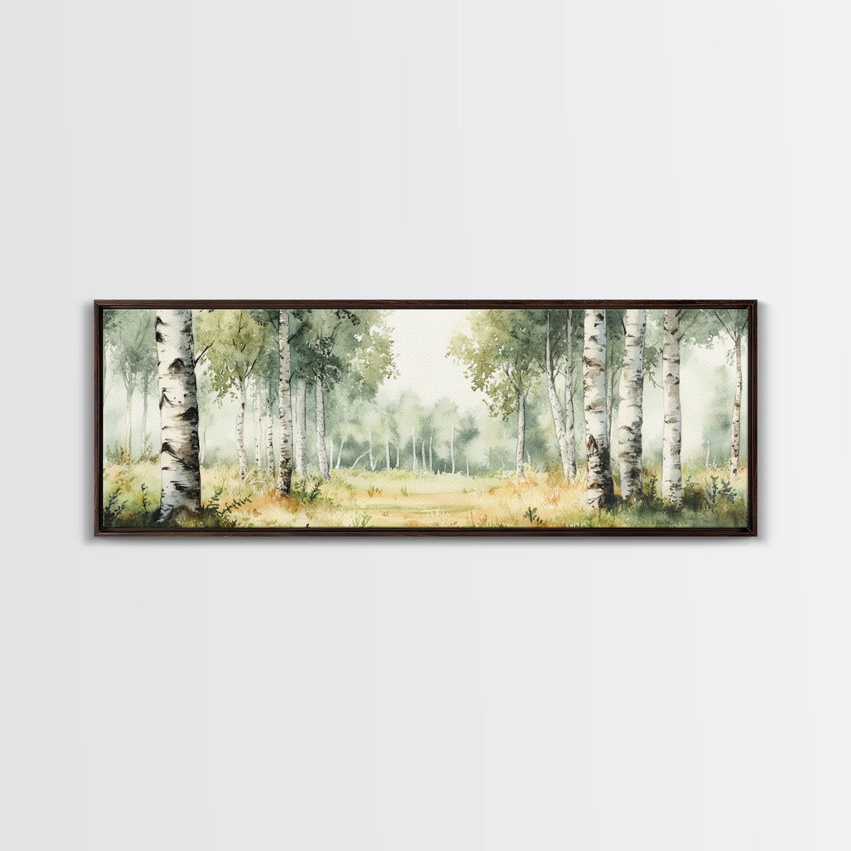 Silver Birch Trees in Spring Panoramic Canvas Print, Panoramic Painting, Aspen Trees Painting, Forest Landscape Horizontal Wall Art