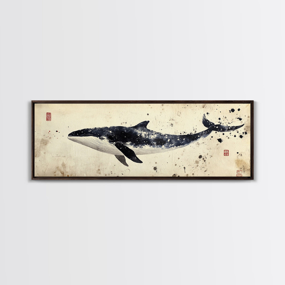 Whale Art Wabi Sabi Panoramic Oil Painting Print, Japanese Style Wall Art - Whale Decor - Whale Art Print - Living Room Decor - Minimalist