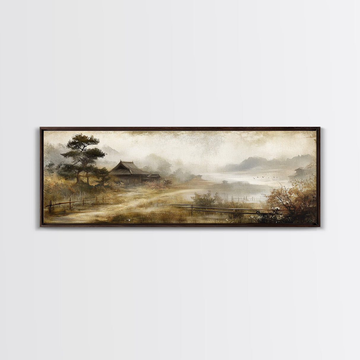 Retro Landscape Print - Landscape Painting - Wabi Sabi Panoramic Wall Art - Minimalist Home Decor - Ancient Japan Landscape Painting