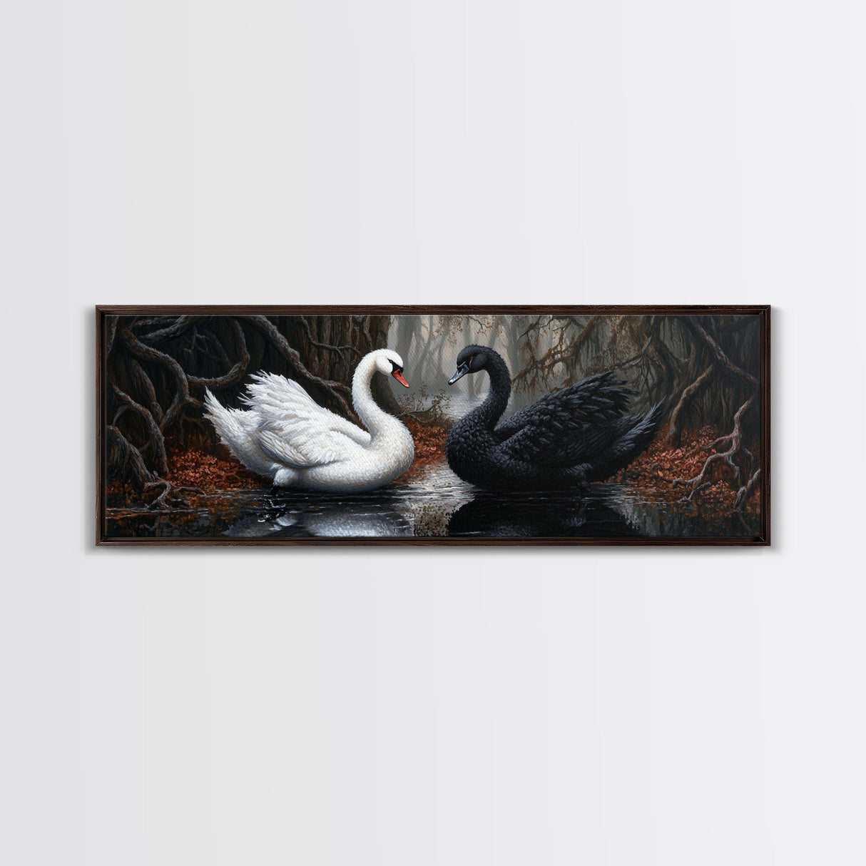 Black and White Swan Form A Heart, Framed Canvas Print, Swan Painting, Black Swan Art, Dark Romance, Panoramic Art, Gothic Art