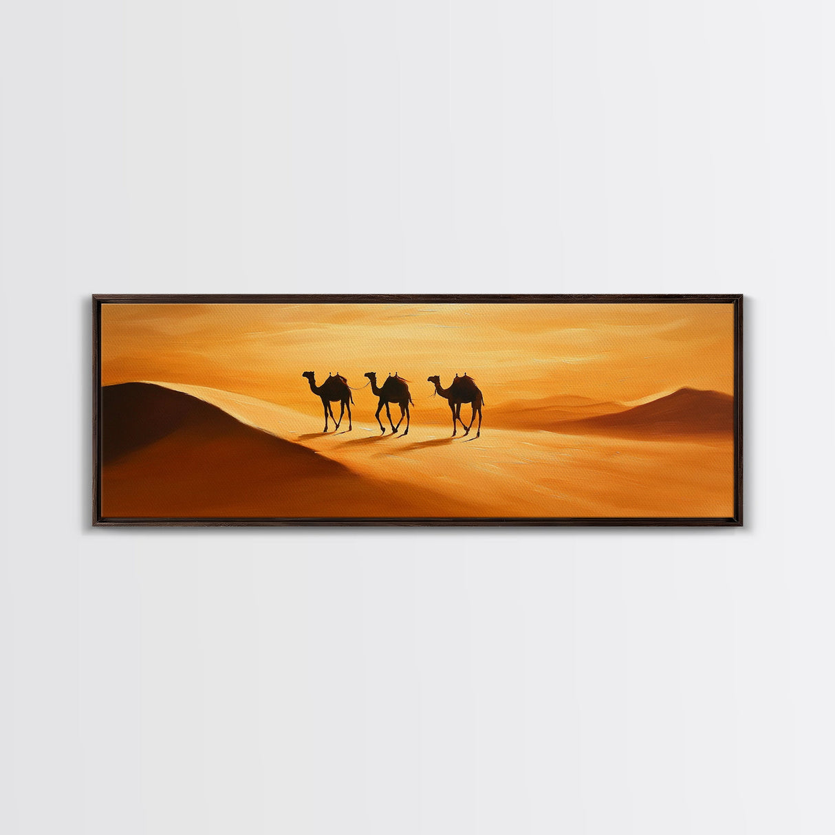 Camels in the desert Framed Canvas Print, Desert Painting, Desert Wall Art, Southwestern Decor, Minimalist Decor, Orange Hues Art