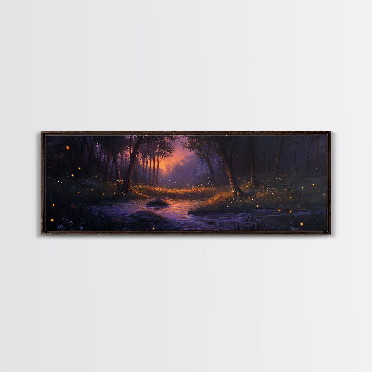 Panoramic Fantasy Forest Canvas Print, Fireflies Light Up The Night Sky in A Fantasy Forest, Fantasy Painting