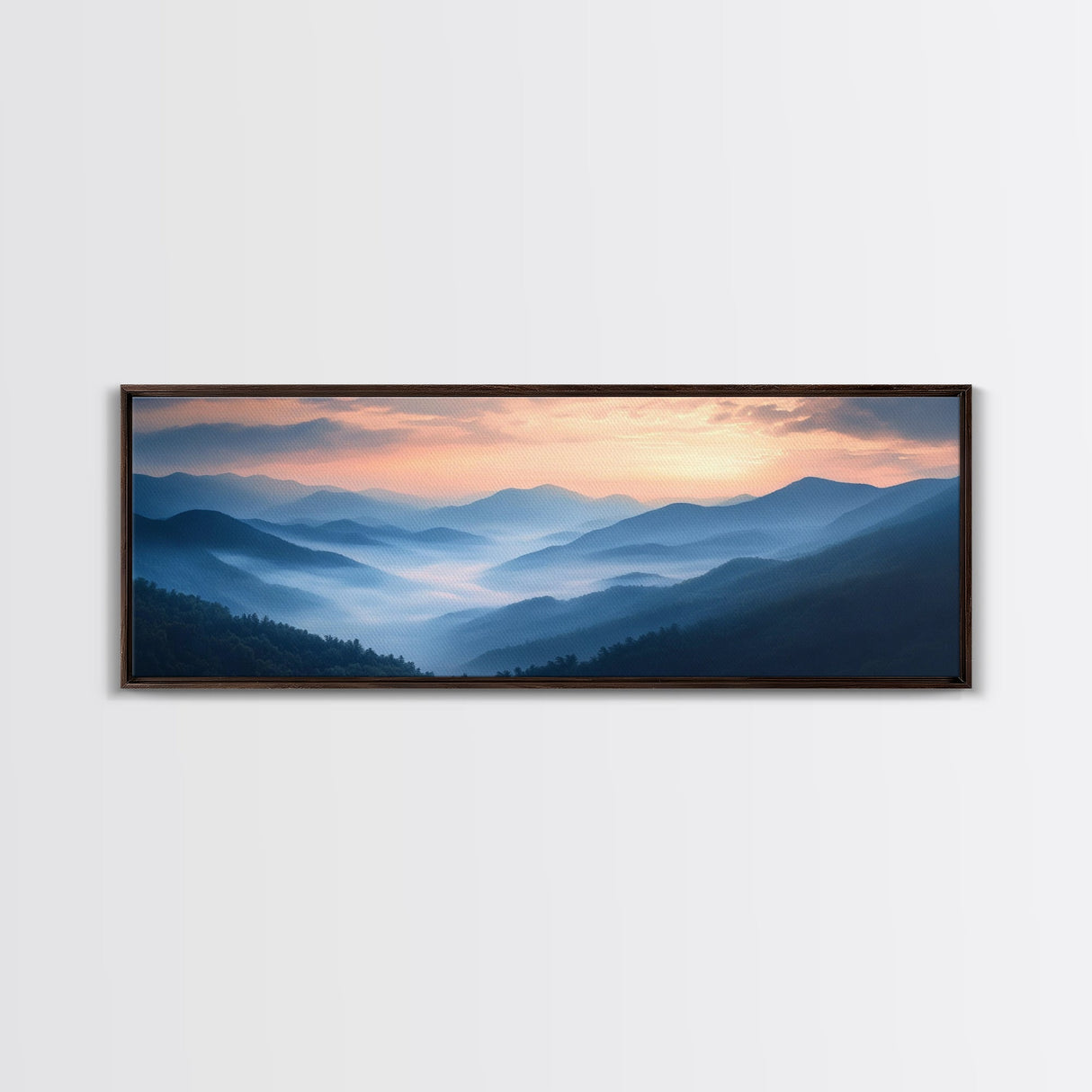 Morning Fog Over the Blue Ridge Mountains, Framed Canvas Print, Landscape Nature Wall Art, Painting Canvas Print, Mountain Painting Art