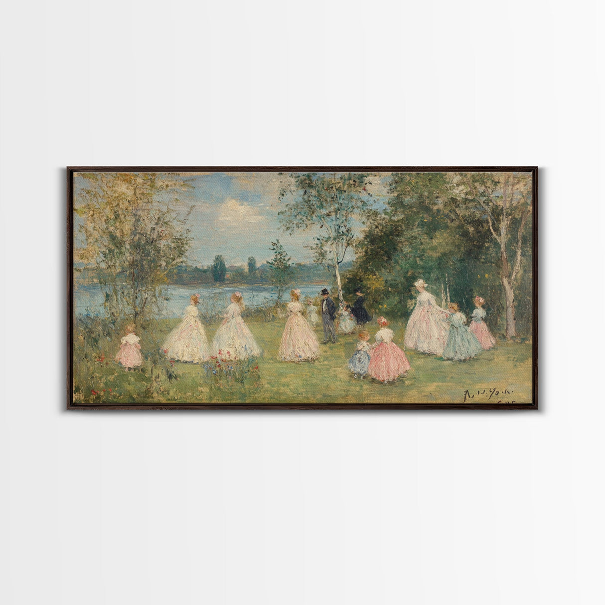 Victorian Spring, Framed Canvas Print, Victorian Style Oil Painting of Ladies On The River