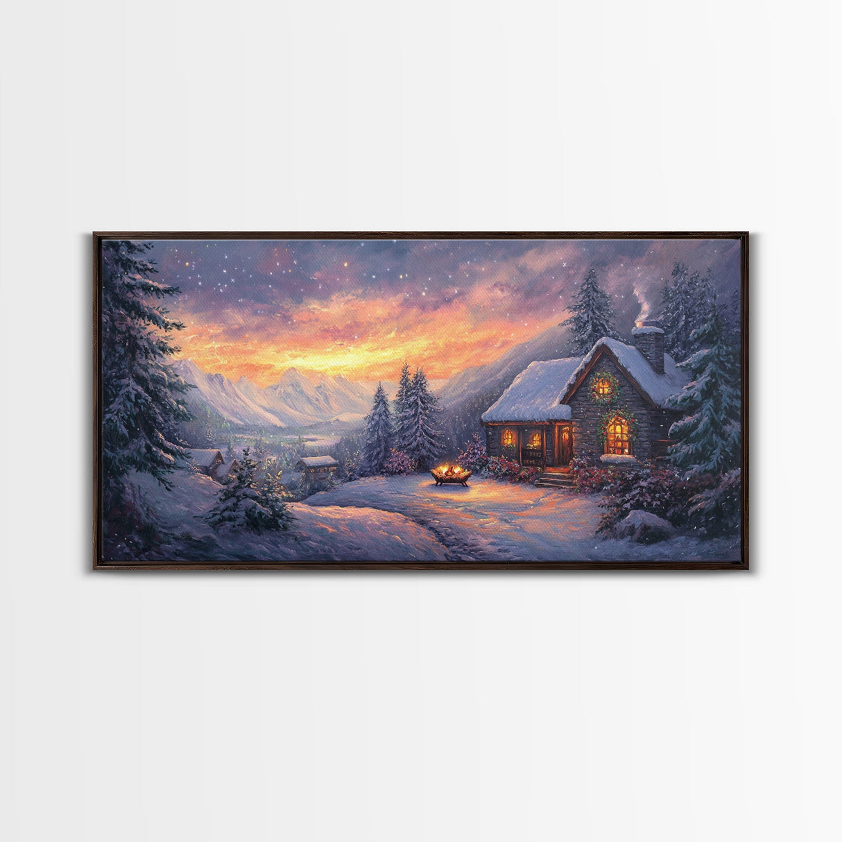 Snow Falls In The Mountains at Sunset, Framed Canvas Print, Retro Christmas Wall Art, Winter Not Christmas Wall Art, Winter Wall Art