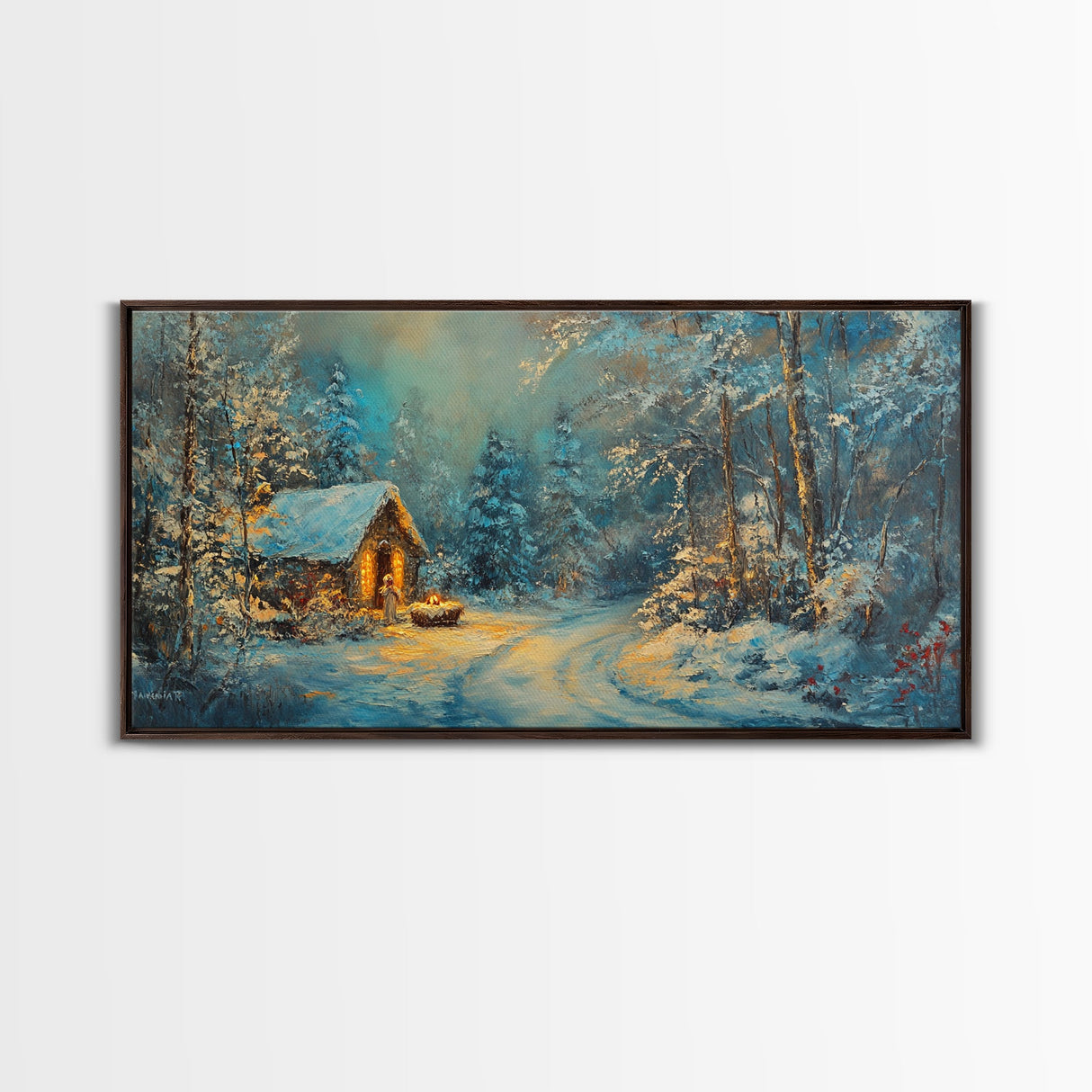 Above Mantle Christmas Wall Art, Framed Canvas Print, Cabin Art, Wall Art For Cabin, Winter Landscape Painting, Winter Themed Home Decor