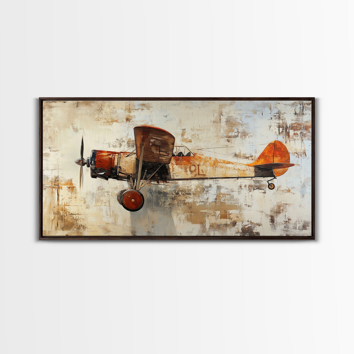 Retro 1920s Airplane In Flight Framed Canvas Print, Airplane Painting, Biplane Painting, Office Decor, Office Wall Art