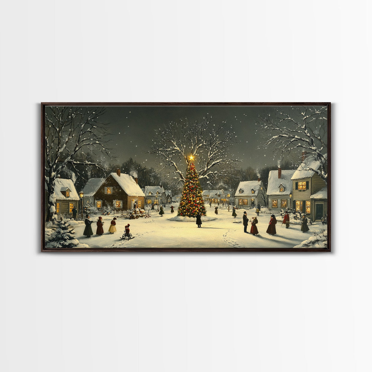 Festive Christmas Village Wall Art Framed Canvas Print, Festive Christmas Street Scene, Cozy Christmas Wall Art, Ready To Hang Xmas Decor