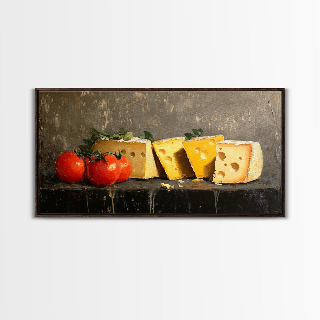 Still Life of Tomatoes and Cheese - Framed Canvas Print - Kitchen Wall Art - Kitsch Home Decor - Food Oil Painting Wall Art
