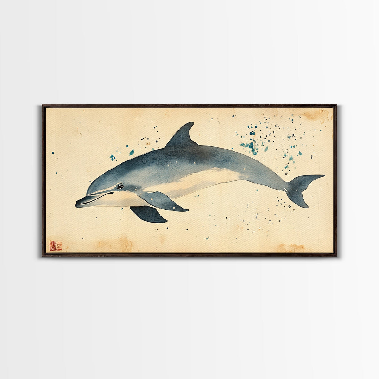 Retro Minimalist Dolphin Painting, Dolphin Home Decor, Framed Canvas Print, Nautical Decor, Elegan Japanese Style Artwork, Wabi Sabi Art