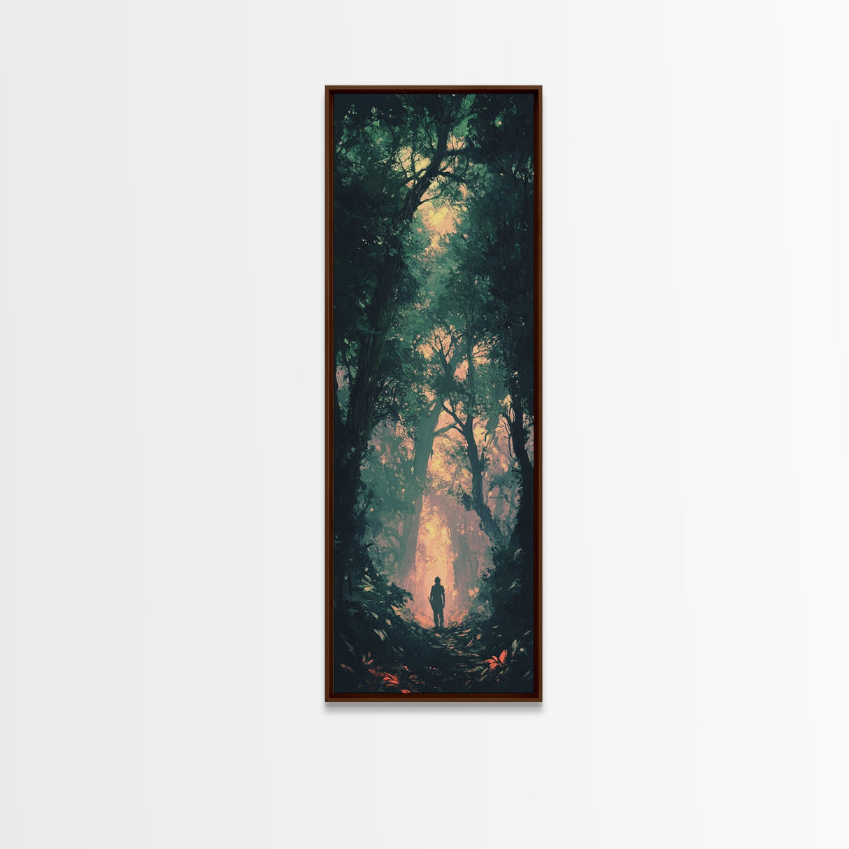 Forest at Dusk Painting Framed Canvas Print Long Narrow Wall Art, Rustic Decor Above Couch Art, Tall Skinny Art Gift Idea Christmas