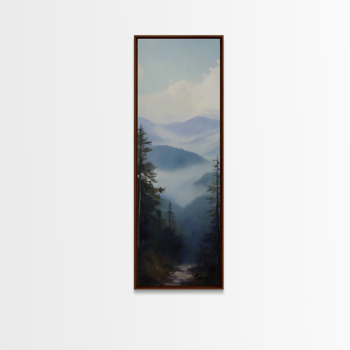 Misty Mountain Fog Framed Canvas Print Peaceful Nature Landscape Painting, Smoky Mountain Art, Above Bed Wall Art, Blue and Green Wall Art, Guest Room Art