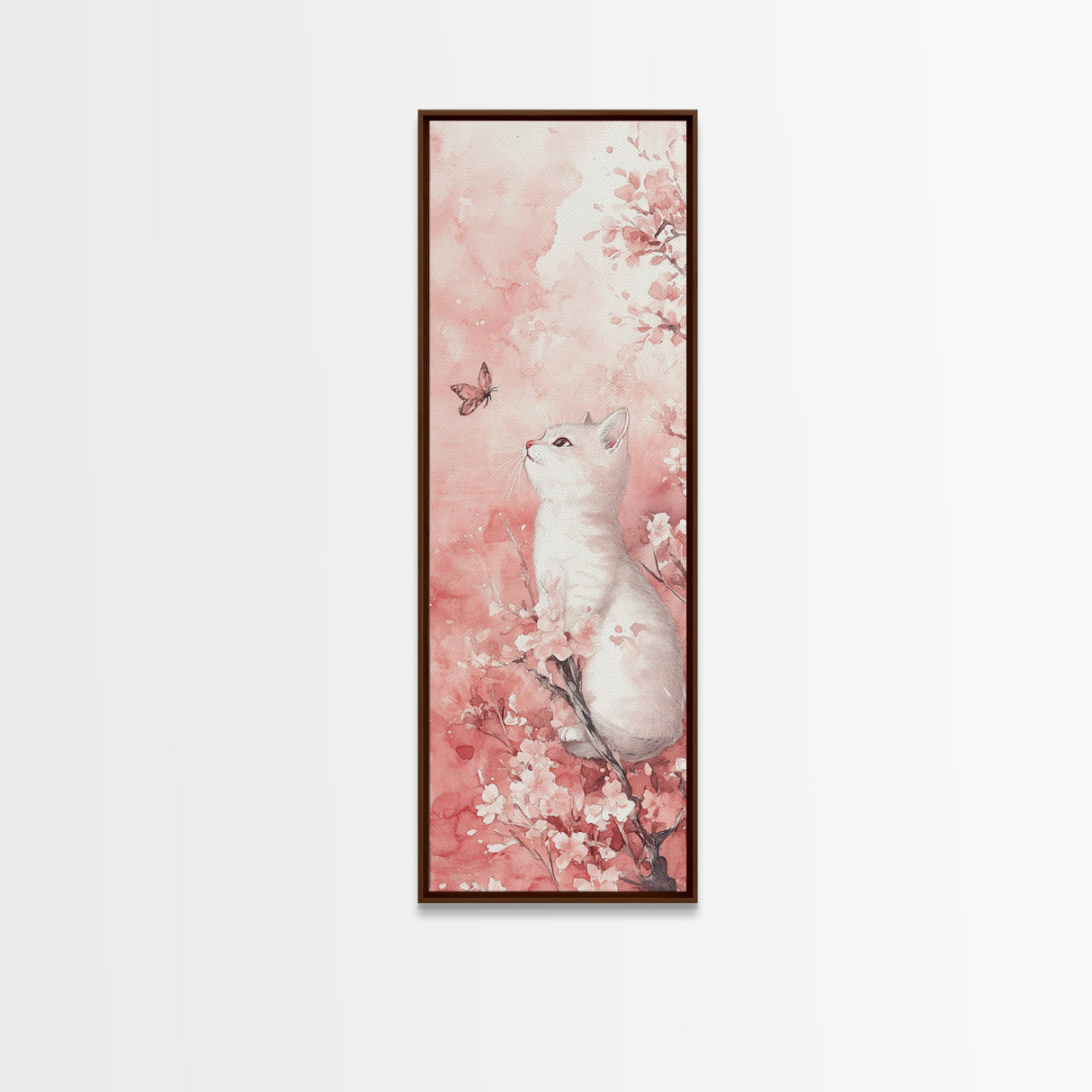 White Cat and Butterfly Canvas Print Light Pink Wall Art Cherry Blossom Painting Whimsical Art Bedroom Decor Gift Idea