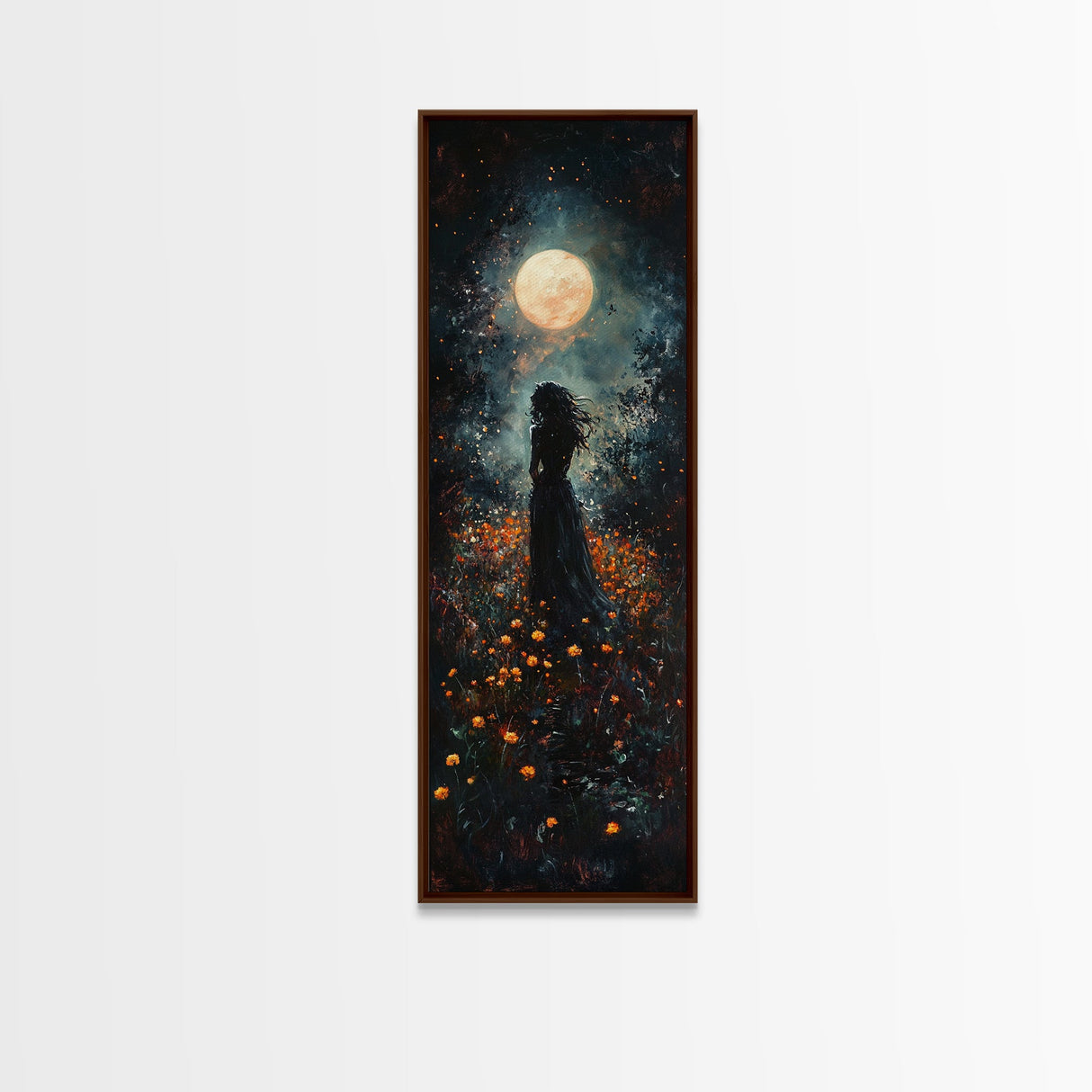 Moonlight silhouette painting mysterious framed canvas print, dark romance art, moonlit field wall decor, spiritual night scene art