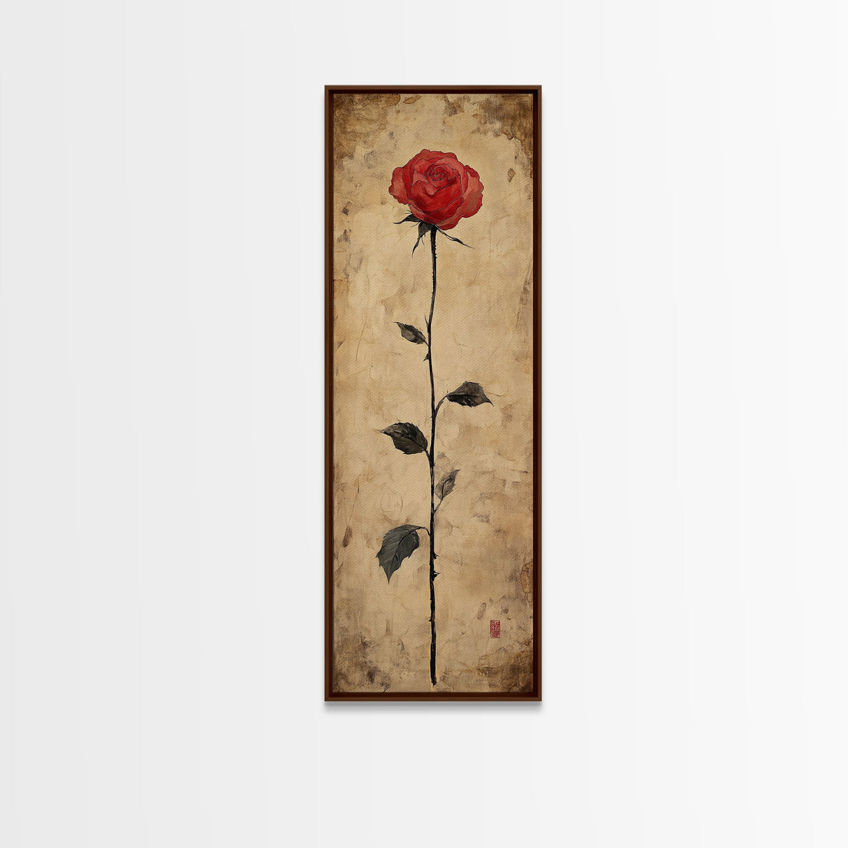 Framed Canvas Print of Elegant Red Rose, Botanical Art, Rustic Wall Art, Gift Idea, Minimalist Nature Art, Above Bed Wall Art