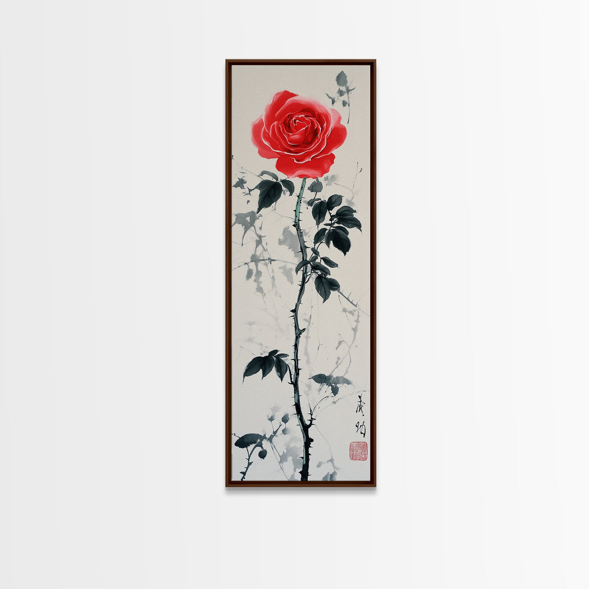 Canvas Print of Asian Style Red Rose, Art Nouveau Print, Botanical Art, Above Sofa Decor, Elegant Home Decor, Floral Wall Art