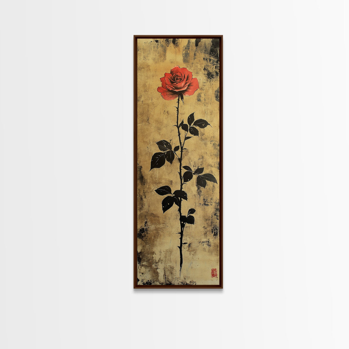 Golden Background Rose Art Canvas Print, Elegant Rose with Dark Leaves, Chinoiserie Style Wall Art, Framed Canvas Print, Gift Idea Her
