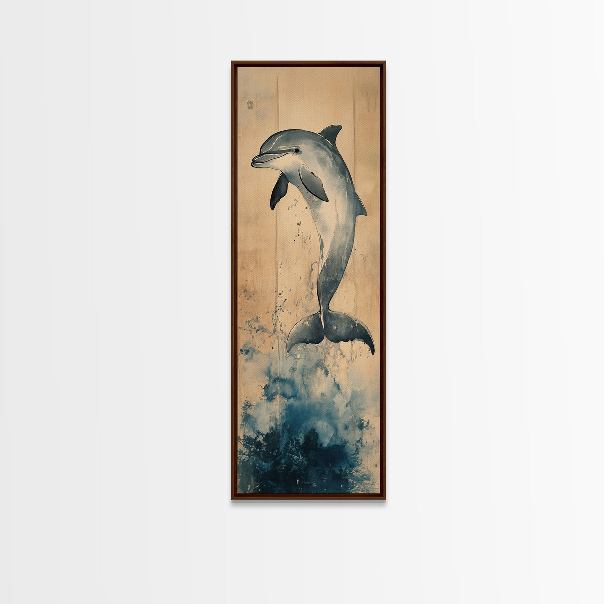 Framed Canvas Print Blue Dolphin Painting Coastal Nautical Wall Art, Beach-Inspired Above Bed Art, Boho Coastal Living Room Decor, Gift Him