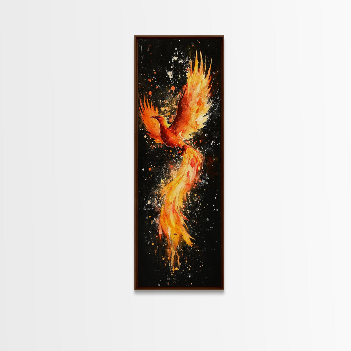 Fiery Phoenix Illustration on Black Canvas, Framed Art Option, Mystical Wall Art for Living Room, Tall Narrow Wall Decor, Mythological Art