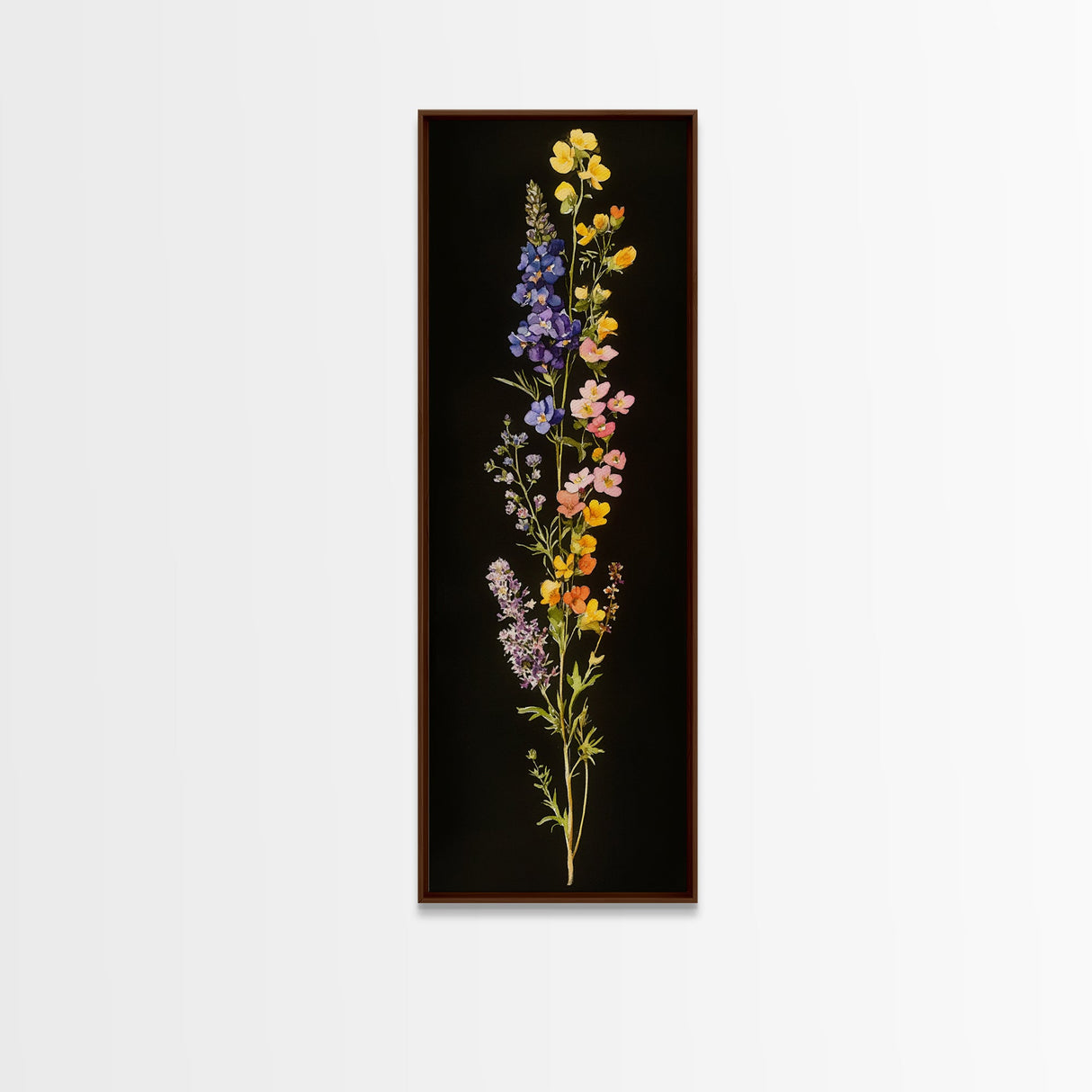Elegant Wildflower Botanical Art - Framed Canvas Print Featuring Vertical Array of Vibrant Blooms on Dark Background