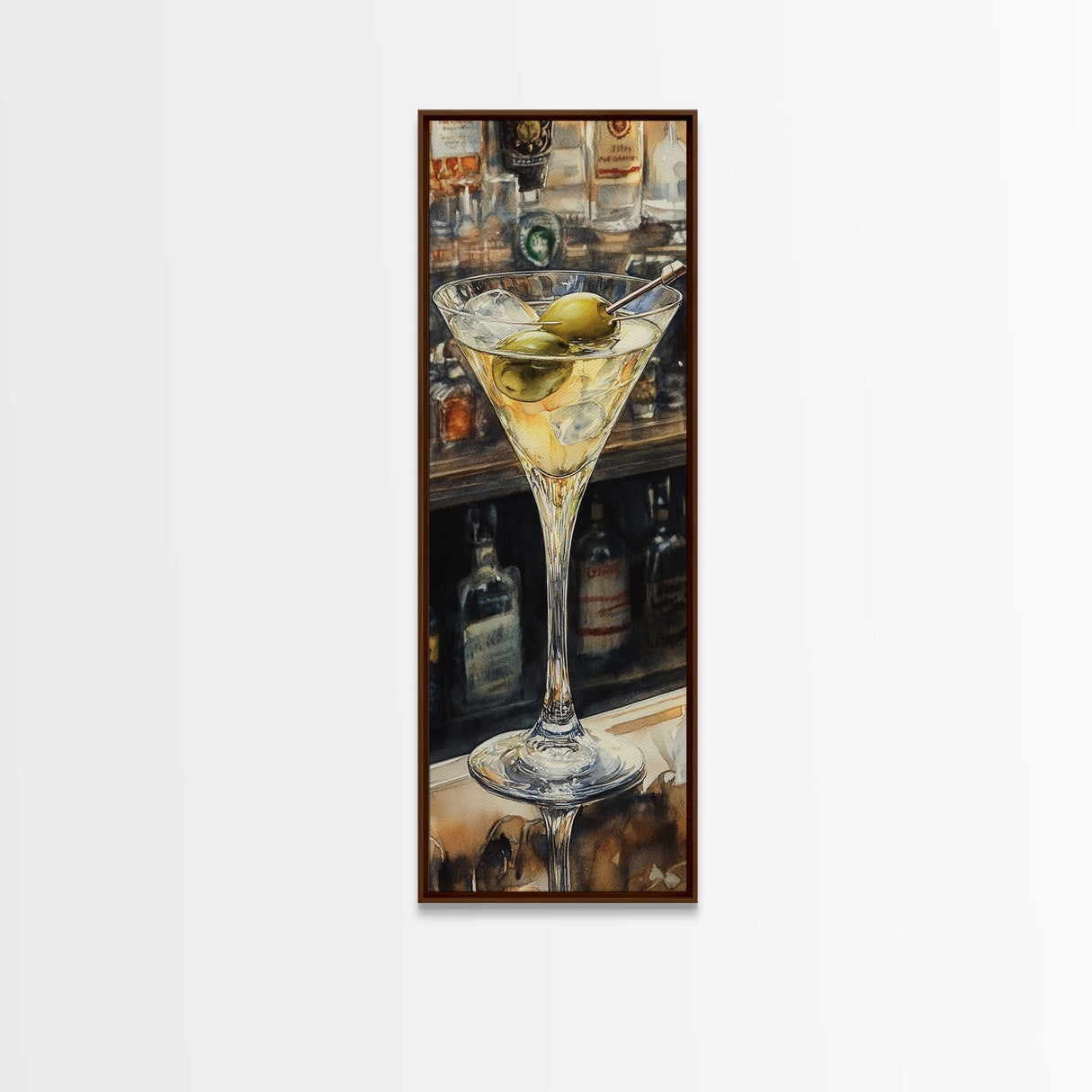 Realistic Martini Glass with Olives, Classic Cocktail Art, Bar Scene Canvas Print, Retro Kitchen Decor, Olive Martini Painting
