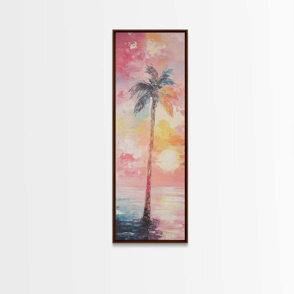 Palm Tree at Sunset Framed Canvas Print, Coastal Oil Painting, Coastal Decor, Tall Narrow Art, Accent Piece Wall Art, Coastal Landscape Art