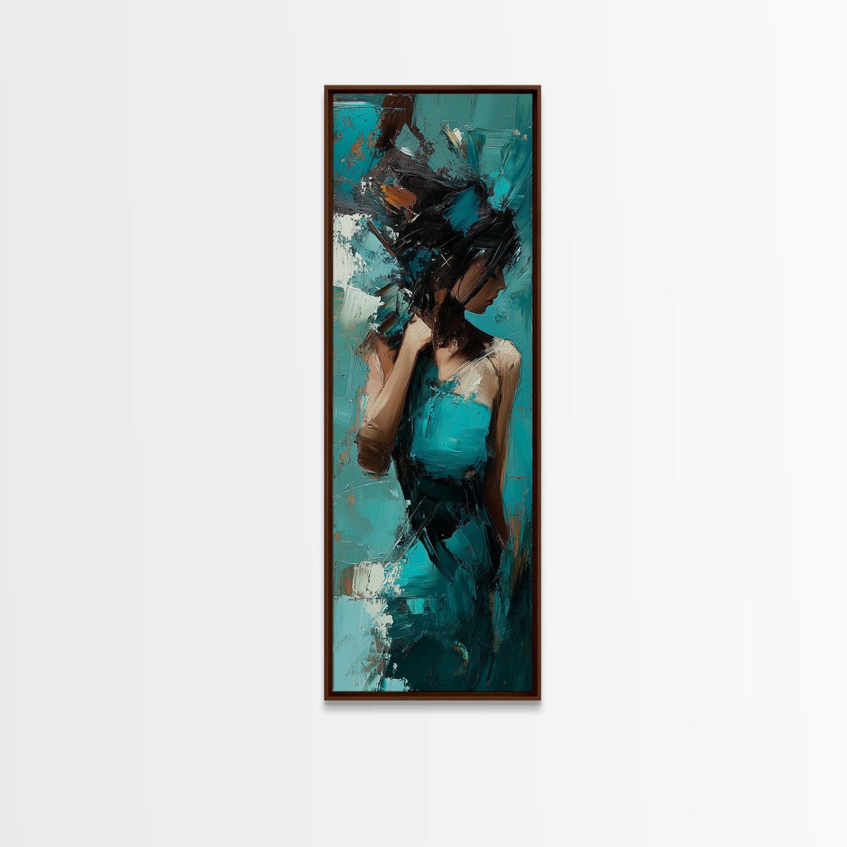 Moody Woman Framed Canvas Print in Teal, Dark Romance Painting, Moody Art, Living Room Art, Gift Idea, Vertical Wall Art