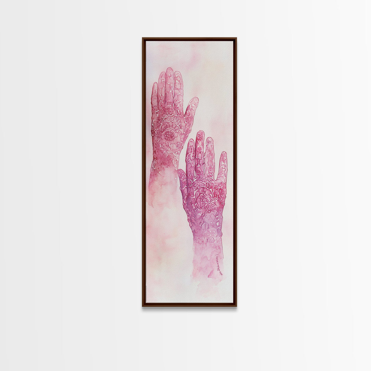 Intricate Henna Hands Painting Framed Canvas Print Featuring Unique Pink Wall Art with Subtle Geometric Design Therapy Art Theme