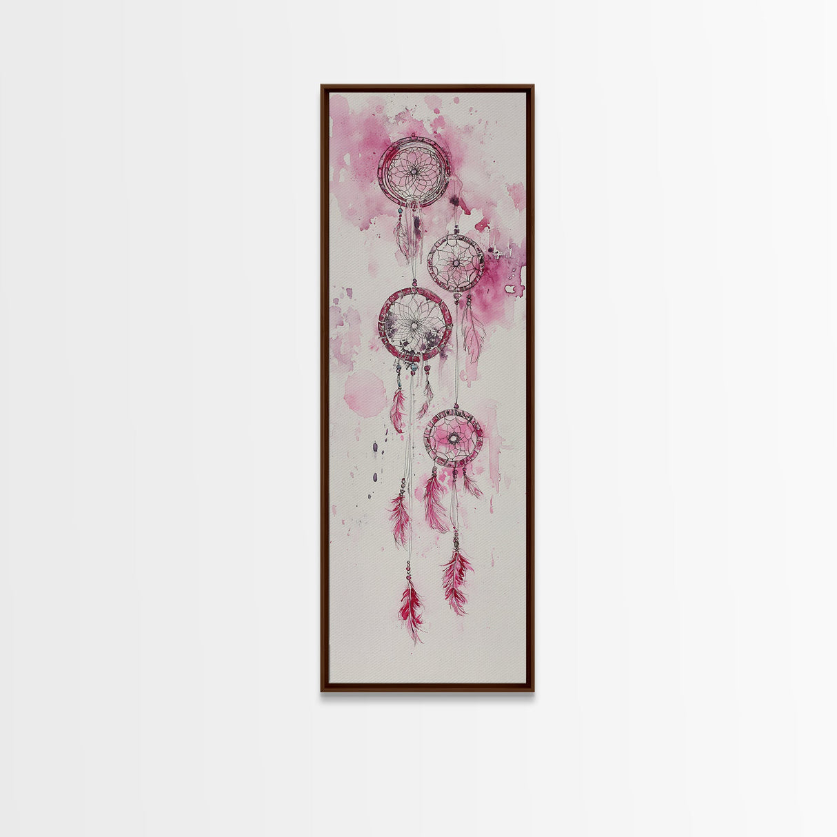 Dreamcatcher Pink Feathers Framed Canvas Print Boho Wall Art Minimalist Long Narrow Art Bedroom Decor Vertical Dorm Wall Art