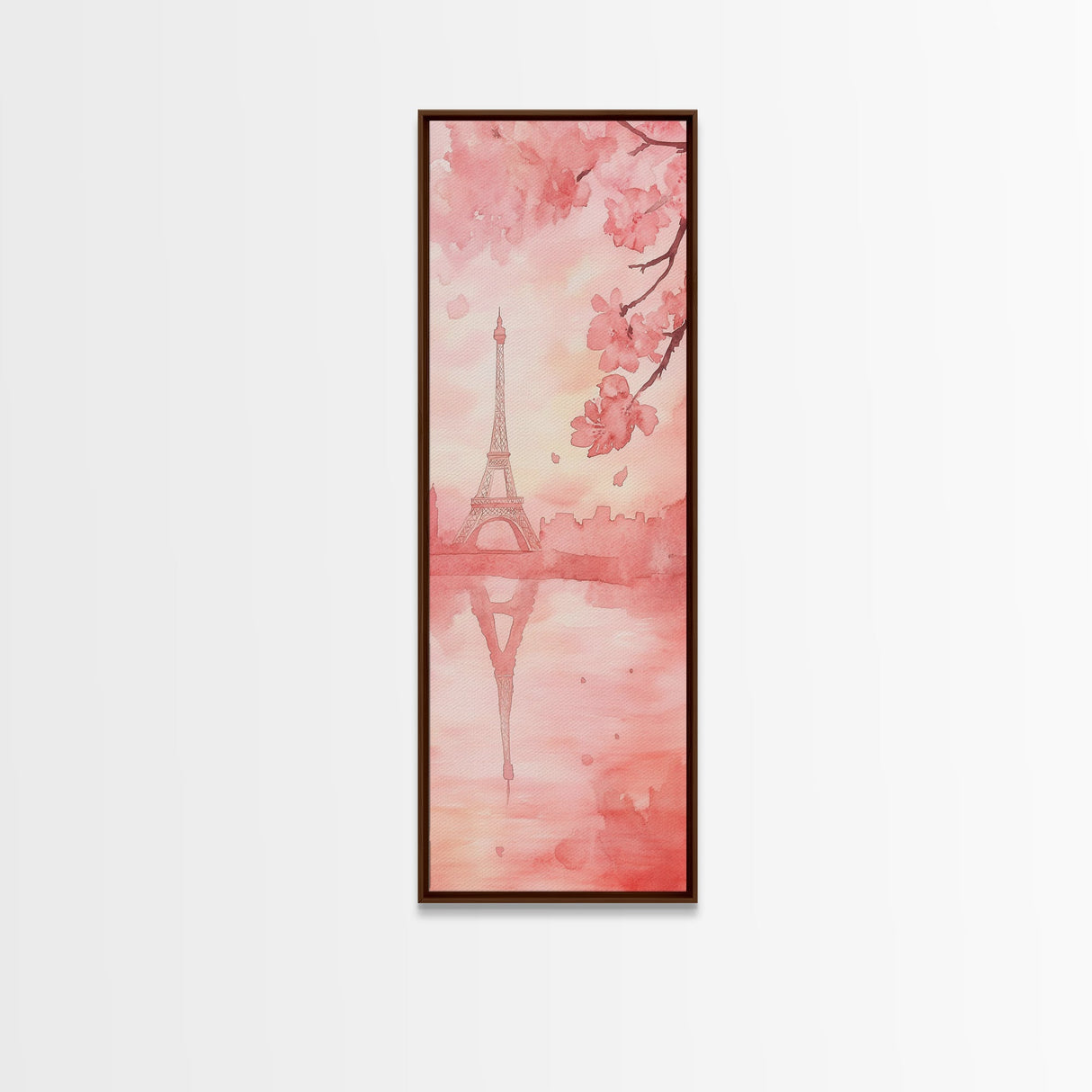 Eiffel Tower Reflection Pink Cherry Blossom Canvas Print Paris Wall Art Romantic Landscape Long Narrow Above Bed Vertical Art