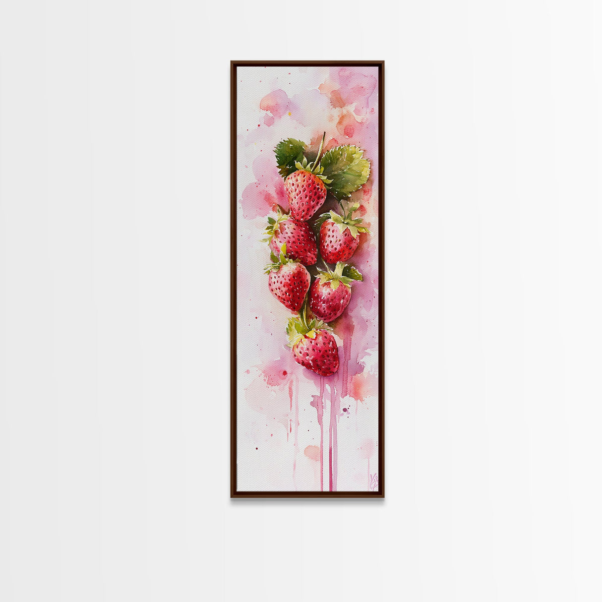 Strawberries Watercolor Painting Framed Canvas Print, Whimsical Kitchen Art, Pink Fruit Rustic Vertical Wall Art, Gift Idea