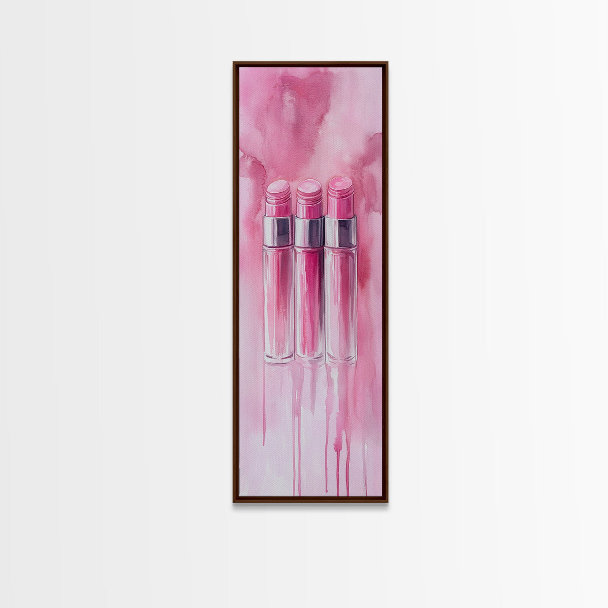 Glossy Pink Lipstick Trio Framed Canvas Print in Minimalist Vertical Wall Art for Fashion and Makeup Room Décor