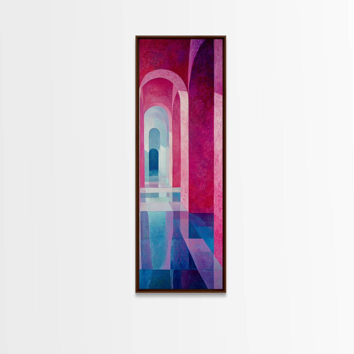 Geometric Archway Framed Canvas Print, Abstract Pink and Blue Whimsical Art, Skinny Vertical Wall Art for Modern Living Room Decor