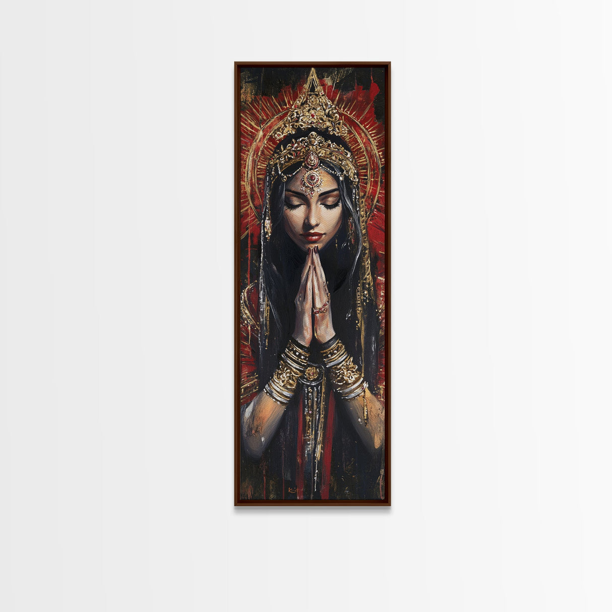 Goddess Prayer Painting Framed Canvas Print, Kerala Mural Art with Rich Red and Gold, Dark Angels Wall Art for Boho Bedroom Decor