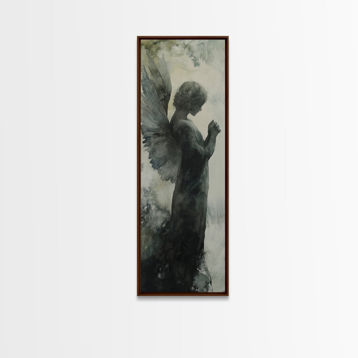 Watercolor Angel Canvas Print with Elegant Moody Design, Dark Angels Wall Art Gift Idea, Vertical Bedroom Zen Art Piece