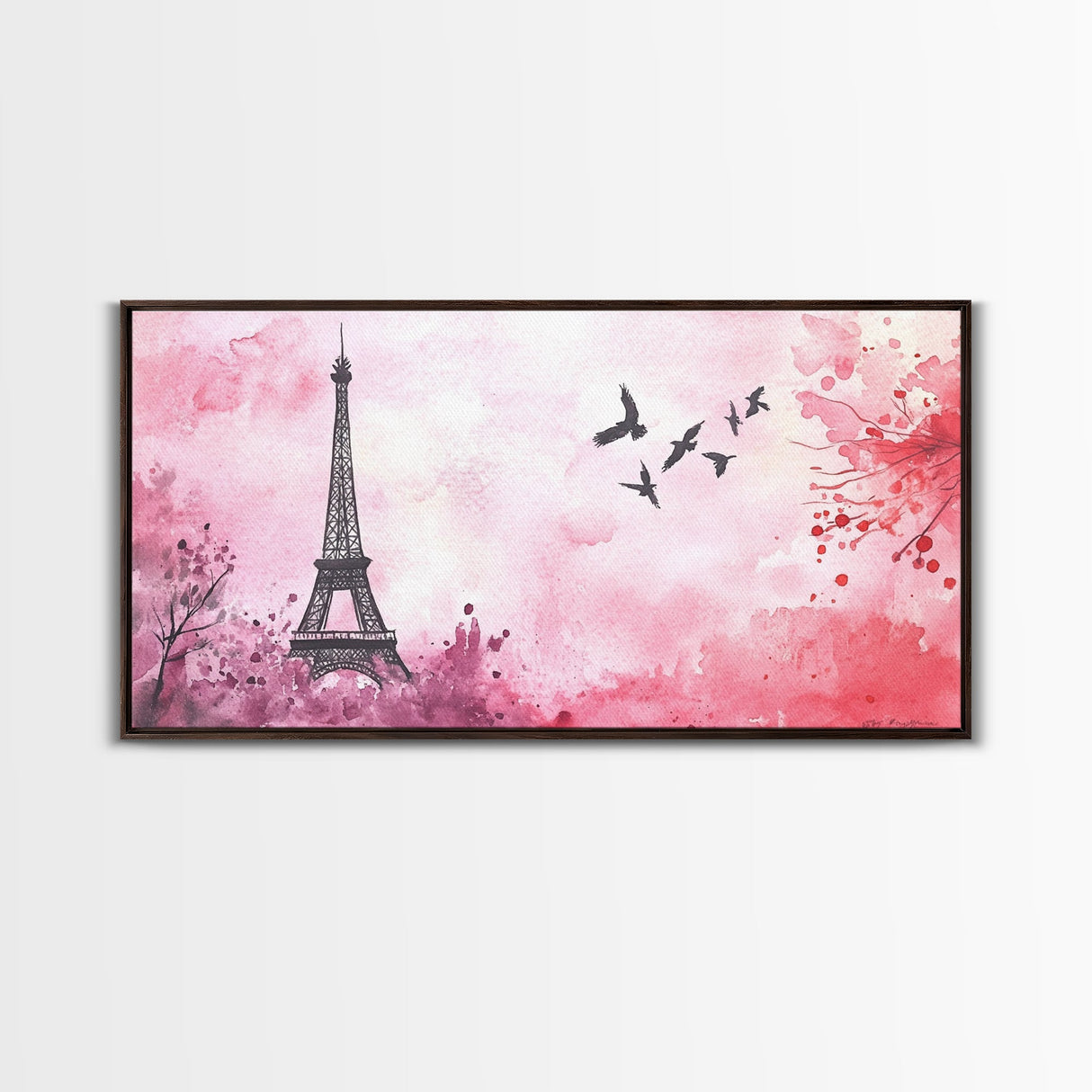 Eiffel Tower and Birds Canvas Print, Parisian Skyline Painting, Romantic Pink Wall Art, Whimsical French Decor, Guest Room Art