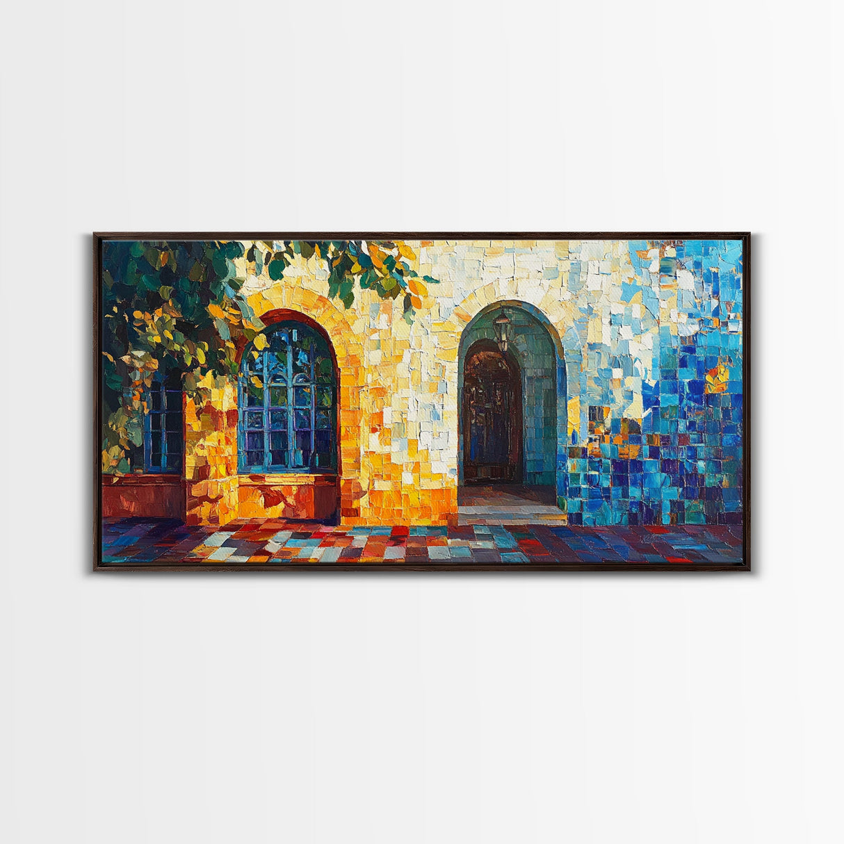 Sunlit Arched Window Framed Canvas Print - Rustic Moroccan Wall Art - Coastal Landscape Art - Farmhouse Decor Bedroom Art
