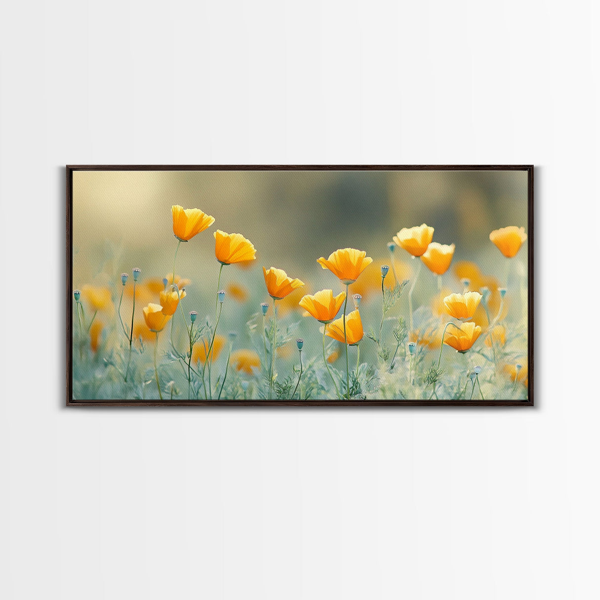 Golden Poppy Floral Canvas Print California Wildflower Art Botanical Wall Decor Rustic Style Extra Wide Horizontal Landscape Art