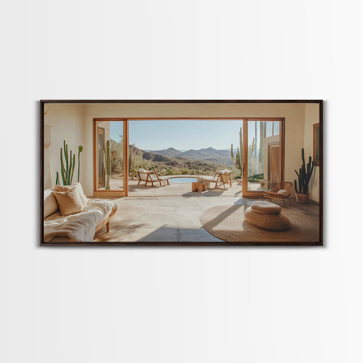 Framed Canvas Print of Desert Retreat with Cactus and Mountain View, Southwest Wall Art, Living Room Boho Decor