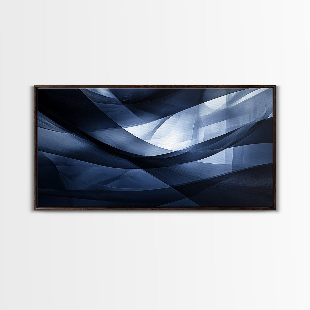 Flowing Blue Abstract Framed Canvas Print, Minimalist Geometric Wall Art Above Sofa Decor, Moody Panoramic Artwork Gift Living Room