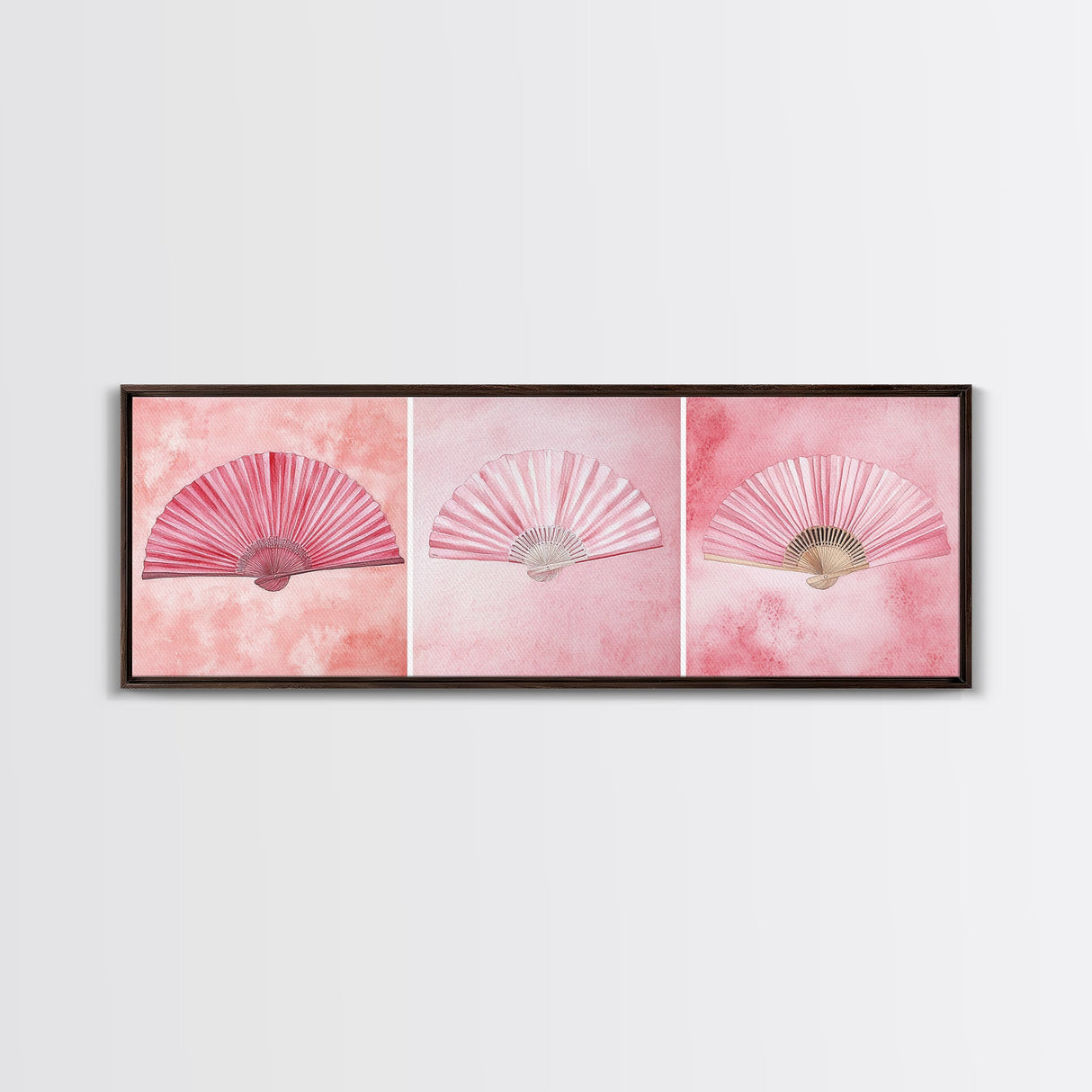 Trio of Elegant Fans Canvas Print, Minimalist Boho Pink Artwork, Oriental Fan Wall Art for Bedroom, Light Pastel Wall Decor Idea