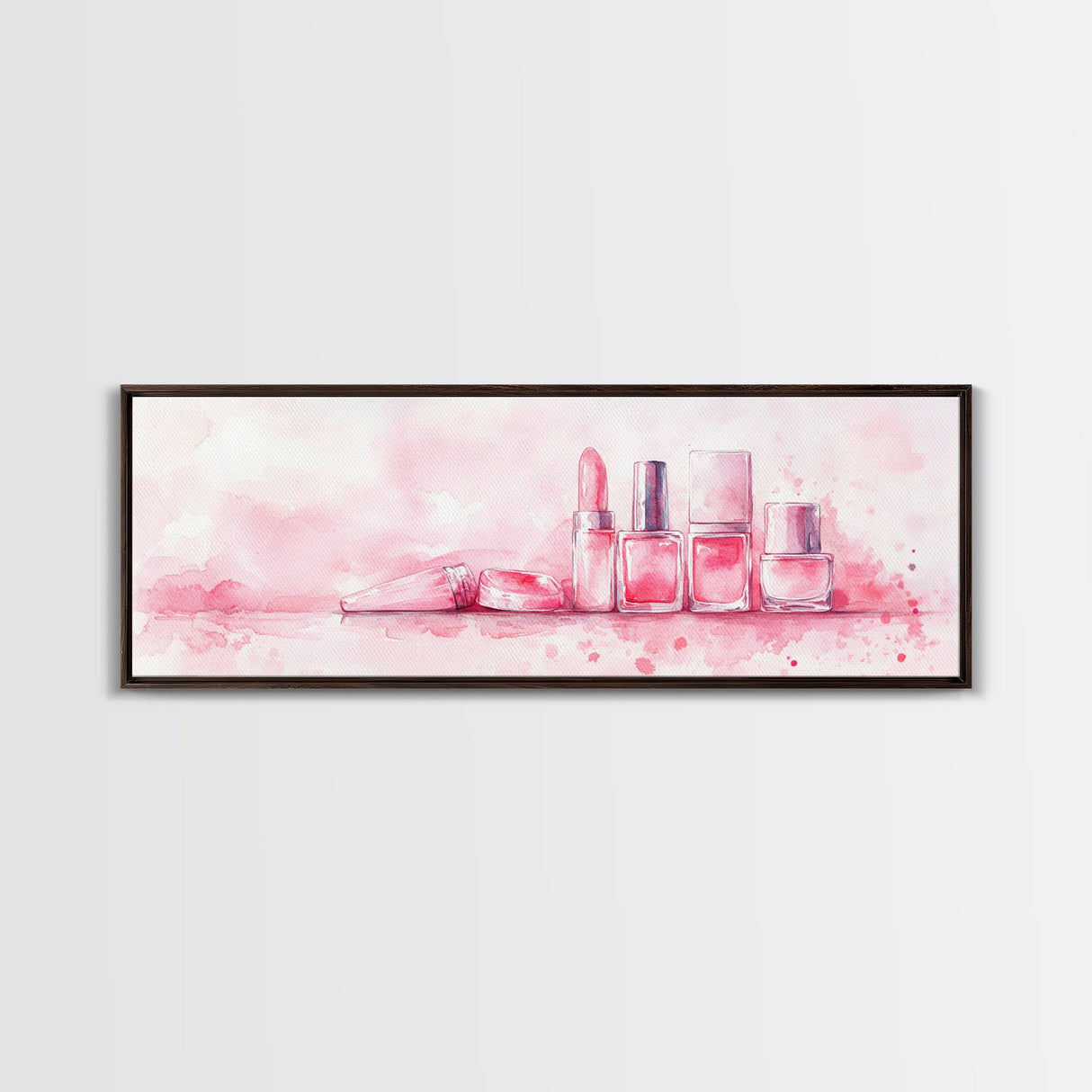 Makeup Art Canvas Print Featuring Lipstick and Nail Polish, Pink Abstract Wall Art for Bedroom or Bathroom Decor, Feminine Gift