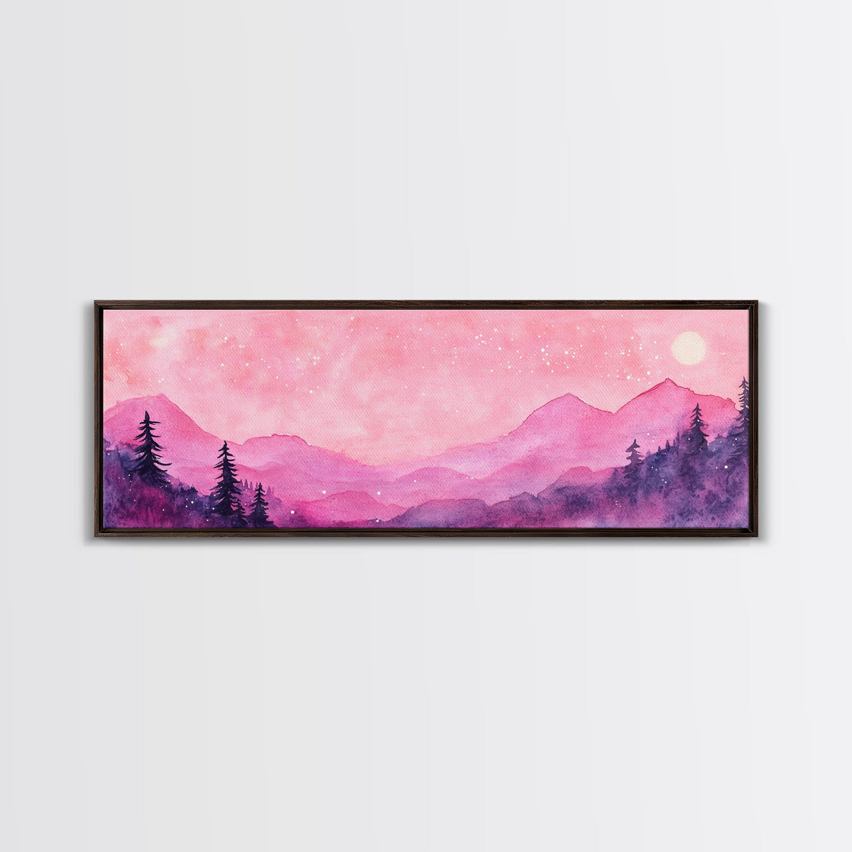 Mountain Landscape Art Framed Canvas Print in Light Pink Hues with Starry Sky, Bedroom or Living Room Artwork, Rustic Decor Painting